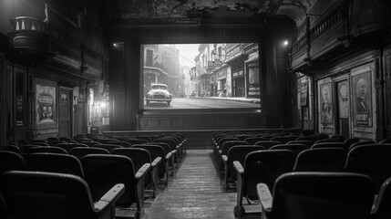 An old movie theater with a screen showing a black and white movie