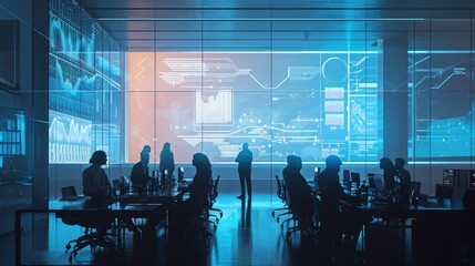 A business meeting where participants use augmented reality to visualize data and analytics, in a minimalist high-rise office, styled as a futuristic strategy room