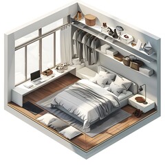 isometric cutaway of modern bedroom White modern minimalist bedroom with white wooden shelves and an open closet full of and shoes on hangers, basket boxes and soft grey sofa in the center of the room