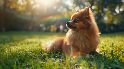 Cute pomeranian dog lying on the grass in the park on a sunny day