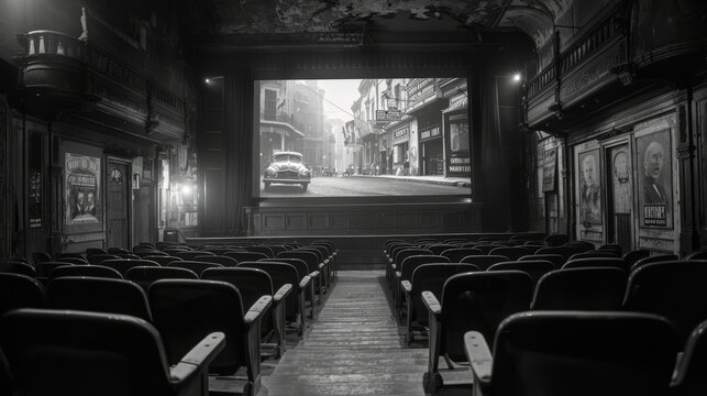 An old movie theater with a screen showing a black and white movie