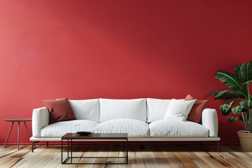 Wall mockup in modern living room design, minimal white sofa and wooden coffee table on green interior background. Soft tone.