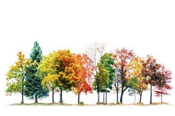 Naklejka premium A breathtaking tapestry of isolated trees, their autumnal foliage ablaze with fiery reds, oranges, and yellows, set against a crisp white canvas., realistic photos on a white background
