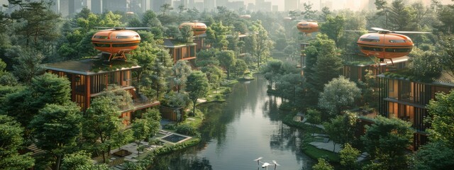 A conceptual depiction of a smart urban landscape where drones deliver packages to secure home delivery pods