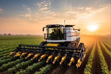 Fototapeta premium A robotic seeding machine planting cover crops in between rows of cash crops, modern farming techniques