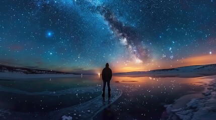 The milky way stretches across the sky above a frozen lake, while a man stands on the ice, looking out at the stars.