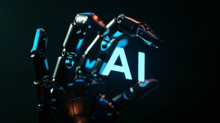 A cutting-edge robotic hand, crafted from sleek, matte black materials, illuminated soft, neon-blue accents that highlight its advanced AI capabilities