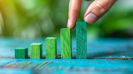 business development and growth success process concept, close up hand arranging wood block stacking, background with copy space