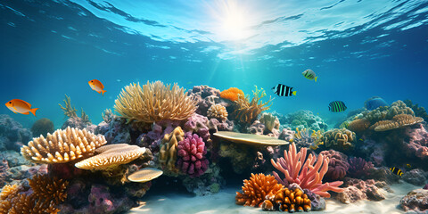 coral reef with fish, Wonderful and beautiful underwater world with corals and tropical fish with, Abundant marine biodiversity marine ecosystem coral reef photography image AI generated art

