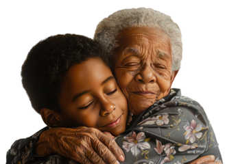 A heartwarming portrait of an African American boy embracing his grandmother, radiating warmth and affection, presented in a photorealistic style on a white backdrop.
