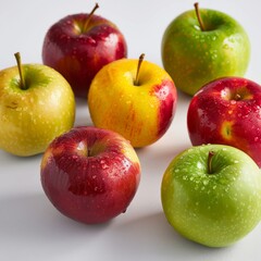 A hyper-realistic photograph of a variety of fresh, vibrant apples - red, green, yellow - arranged elegantly on a pristine white surface