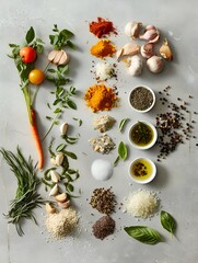 Culinary Ingredient Display Showcasing Fresh Herbs Spices and Produce for Gourmet Cooking and Healthy Nutrition