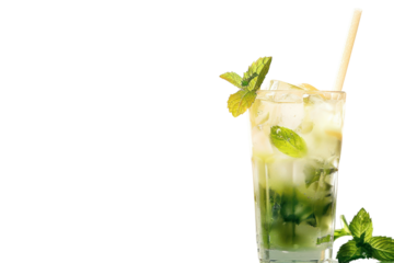 A refreshing Mojito cocktail with mint leaves and a sugar cane stirrer, captured in a realistic photo on a white background with a 3:2 aspect ratio.