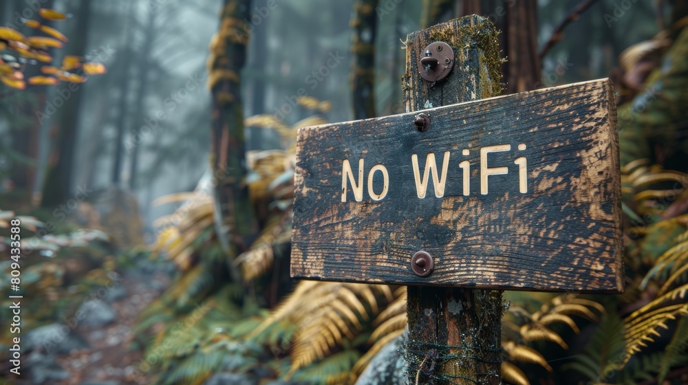 Wall mural no wifi wooden sign in misty forest