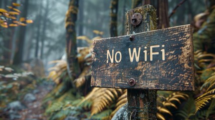 No wifi wooden sign in misty forest