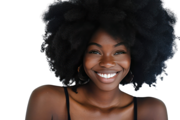 A young Black woman showcasing her natural beauty, her afro hair embracing its natural texture, as she poses with a radiant smile., realistic photos on a white background