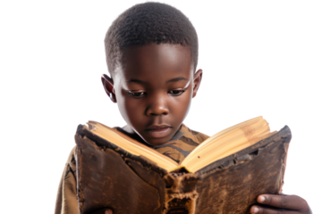 An African American boy lost in a captivating book, immersed in the world of stories and imagination, captured in a realistic photo on a white background.