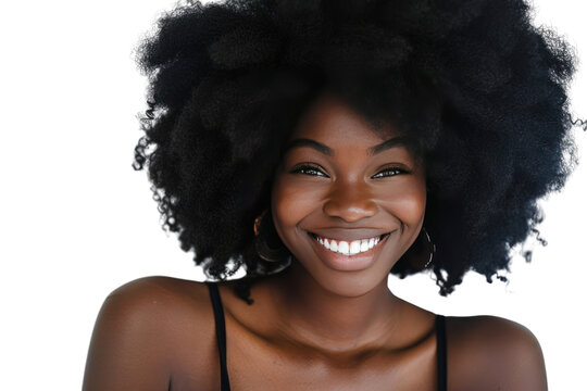 A young Black woman showcasing her natural beauty, her afro hair embracing its natural texture, as she poses with a radiant smile., realistic photos on a white background