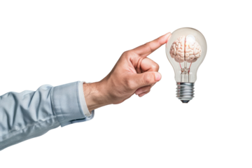 A businessman's hand pointing towards a lightbulb with a brain inside, emphasizing the direction and focus of innovative thinking. ., realistic photos on a white background