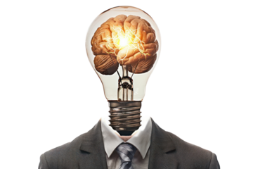 A businessman's face illuminated by the light from a lightbulb held in their hand, with a brain clearly visible inside, highlighting the power of ideas and inspiration.