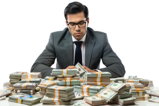 A businessman with a sly grin, slyly slipping a wad of cash into someone's pocket, hinting at a secret deal. ., realistic photos on a white background