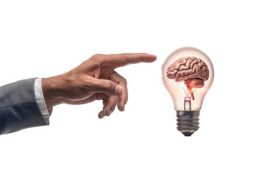 A businessman's hand pointing towards a lightbulb with a brain inside, emphasizing the direction and focus of innovative thinking. ., realistic photos on a white background