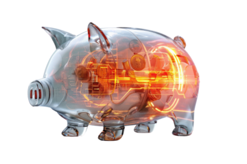 A captivating digital artwork showcasing a futuristic piggy bank with a glowing slot, coins morphing into digital currency as they enter its depths. .,realistic photos on a white background