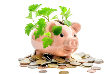 A captivating image of a money plant growing from a piggy bank overflowing with coins, representing the joy of financial growth and stability., realistic photos on a white background