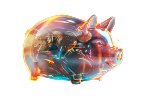 A captivating digital artwork showcasing a futuristic piggy bank with a glowing slot, coins morphing into digital currency as they enter its depths. .,realistic photos on a white background