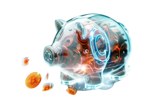 A captivating digital artwork showcasing a futuristic piggy bank with a glowing slot, coins morphing into digital currency as they enter its depths. .,realistic photos on a white background
