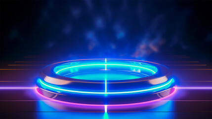 Glowing blue neon lights hologram portal circle teleport podium stage spotlight high tech holographic Interface innovation technology design abstract background