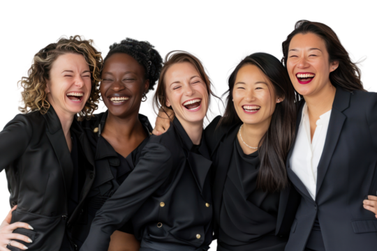 A diverse group of successful businesswomen smiling and laughing together, showcasing their camaraderie and achievements., realistic photos on a white background