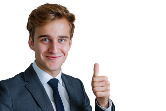 A handsome businessman with a confident smile, giving a thumbs up gesture while looking directly at the camera, conveying an optimistic and approachable demeanor.
