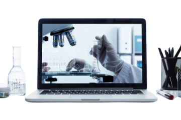 A laptop screen morphing into a transparent window, revealing a scientist working on a groundbreaking invention., realistic photos on a white background