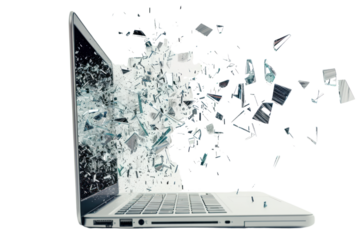 A laptop screen shattering into fragments, each piece revealing a different aspect of technological innovation., realistic photos on a white background