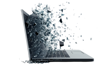 A laptop screen shattering into fragments, each piece revealing a different aspect of technological innovation., realistic photos on a white background