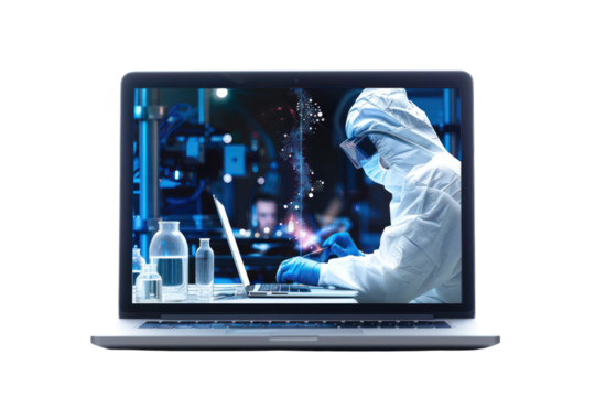 A laptop screen morphing into a transparent window, revealing a scientist working on a groundbreaking invention., realistic photos on a white background