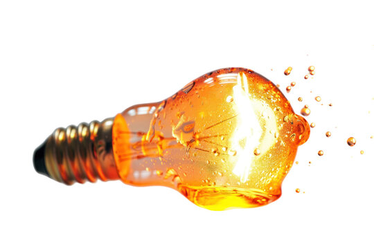 A macro photo of an incandescent bulb filament just as it starts to glow and melt, with tiny droplets of molten glass forming at the ends. Realistic photos on a white background