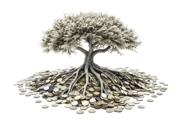 A mesmerizing illustration of a money tree with roots made of coins, symbolizing the deep connection between financial security and long-term savings., realistic photos on a white background