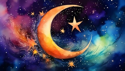 crescent and star watercolor illustration hand painting
