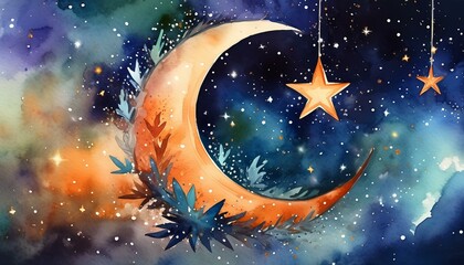 Fototapeta premium crescent and star watercolor illustration hand painting