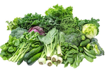 A photo of a farmer's market stand overflowing with fresh green vegetables, their colors and textures creating a visually appealing display. ., realistic photos on a white background