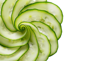 A photo of a fresh cucumber, sliced into thin rounds, arranged in a spiral pattern on a white background. ., realistic photos on a white background