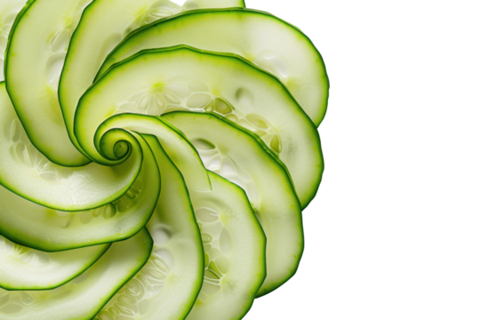 A photo of a fresh cucumber, sliced into thin rounds, arranged in a spiral pattern on a white background. ., realistic photos on a white background