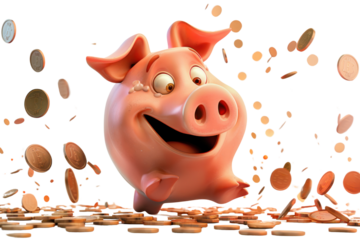 A playful cartoon illustration of a piggy bank eagerly swallowing a cascade of coins, its eyes wide with delight. .,realistic photos on a white background