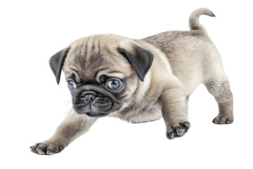 Obraz premium A playful Pug puppy with wrinkles on its face and a curled tail, chasing after its own tail in circles. ., realistic photos on a white background