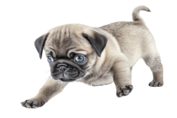 A playful Pug puppy with wrinkles on its face and a curled tail, chasing after its own tail in circles. ., realistic photos on a white background