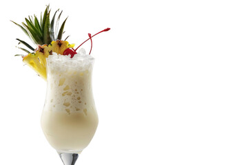 A refreshing Pina Colada cocktail with a pineapple wedge and a cherry, showcased in a high-resolution photorealistic image with a white background and 3:2 aspect ratio.