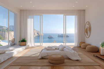 Minimalist Coastal Bedroom with Expansive Ocean View, Emphasizing Sustainable Design and Natural Materials, Captured in the Warm Afternoon Sunlight
