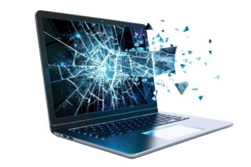 A vintage laptop with a cracked screen, from which a futuristic holographic display emerges, showcasing a network of interconnected devices., realistic photos on a white background